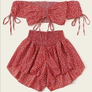 Red floral crop top and shorts set